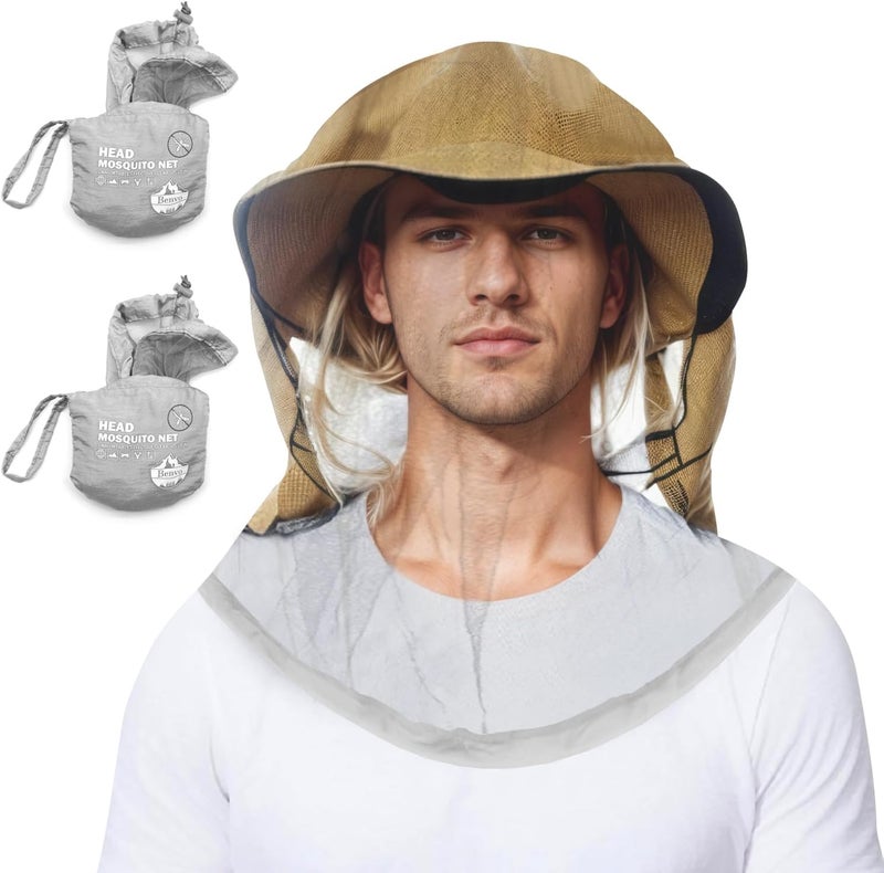 Benvo Mosquito Head Net Mesh One Piece Face Neck Fly Netting Cover from Bugs Gnats Noseeums Hat-Compatible Insect Shield for Fishing, Camping, Gardening (2pcs, Grey, Upgraded Big Net) - Image 1